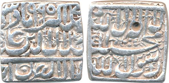 Akbar, Silver Square Rupee, 11.34g, Dar ul Zarb Ujjain Mint, AH 995 (KM# 82.7). Very fine.