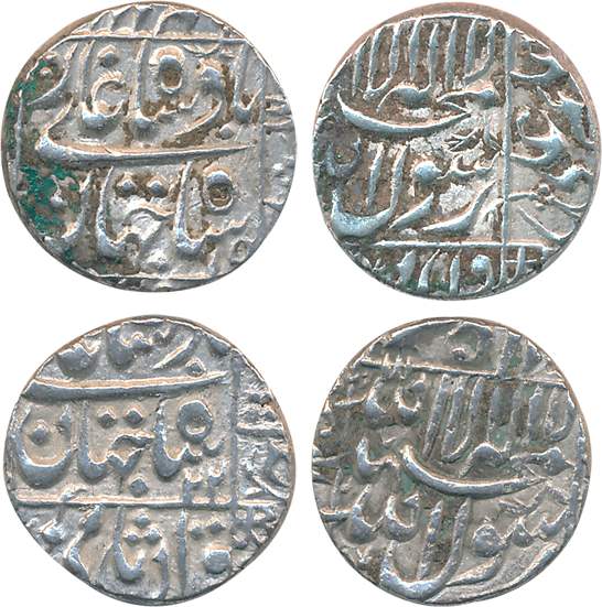 Shah Jahan, Silver 1/2 Rupees (2), 5.75g, 5.71g, Surat Mint (Off flan), RY 15 & 22, centra