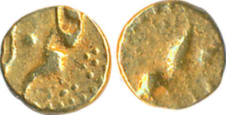 Aurangzeb, Gold 1/2 Fanam, 0.19g, Obv: Alamgir in Persian, Rev: ’Falam’. Very fine, rare.