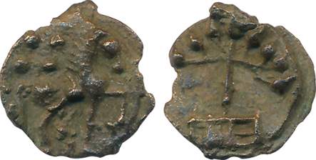 City State Sukatimati, Copper Fractional Unit, 0.93 g, Obv: Horse to right, Rev: Tree in t