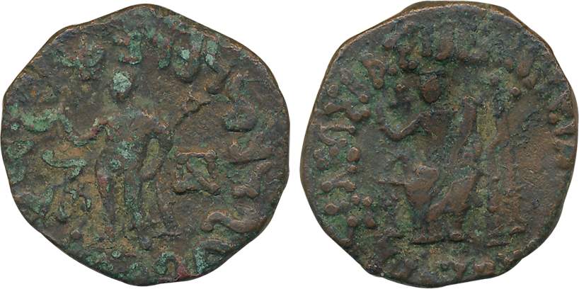 Indo Scythians, Azes, Copper, 11.39g, Obv: City Goddess seated on a throne holding cornuco