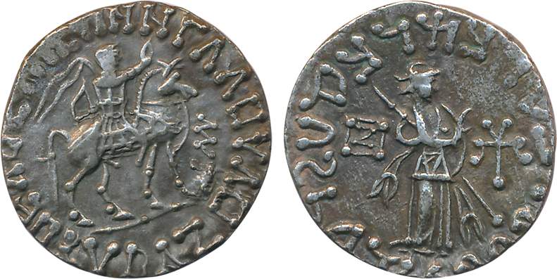 Indo Scythians, Azes II, Silver Tetradrachm, 9.37g, Obv: King mounted on a horse to right,