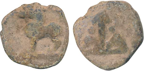 Kumaras of Andhra, Uninscribed, Lead, 1.93g, Obv: Lion facing to left, Rev: Bow and arrow.