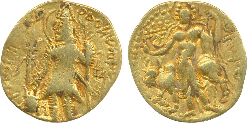 Kushans, Kanishka III, Gold Dinar, 7.60g, Obv: King standing facing left, surround by halo