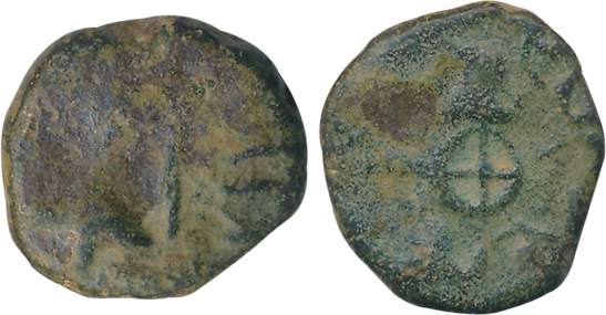 Western Kshatrapas, Bhumaka, Copper, 4.09g, Obv: Arrow and Thunderbolt, Kharoshthi legend 