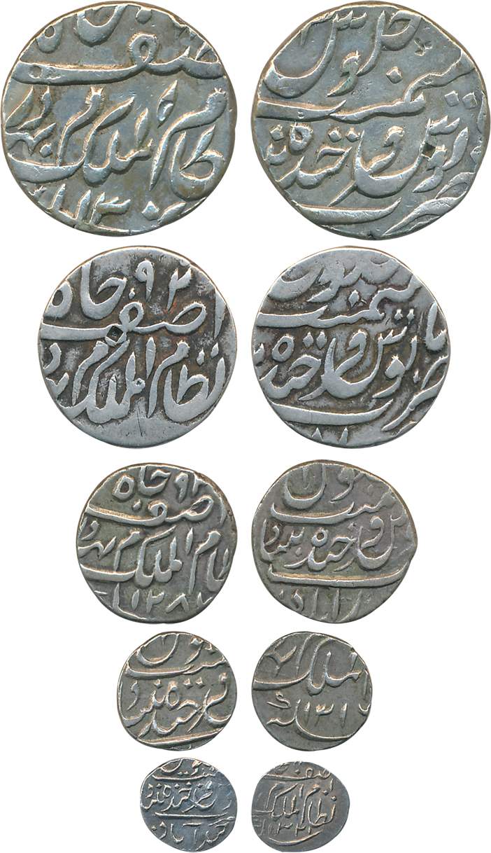 Mir Mehboob Ali Khan, Silver Rupee, 1/2 Rupee, 1/4 Rupee, 1/8 Rupee, 1/16 Rupee. Very fine