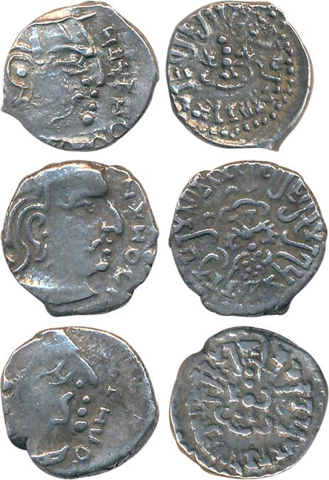 Guptas, Kumar Gupta, Silver Drachams (3), 2.32g, 2.07g, 2.01g, “Param Bhagwat” legend, Obv