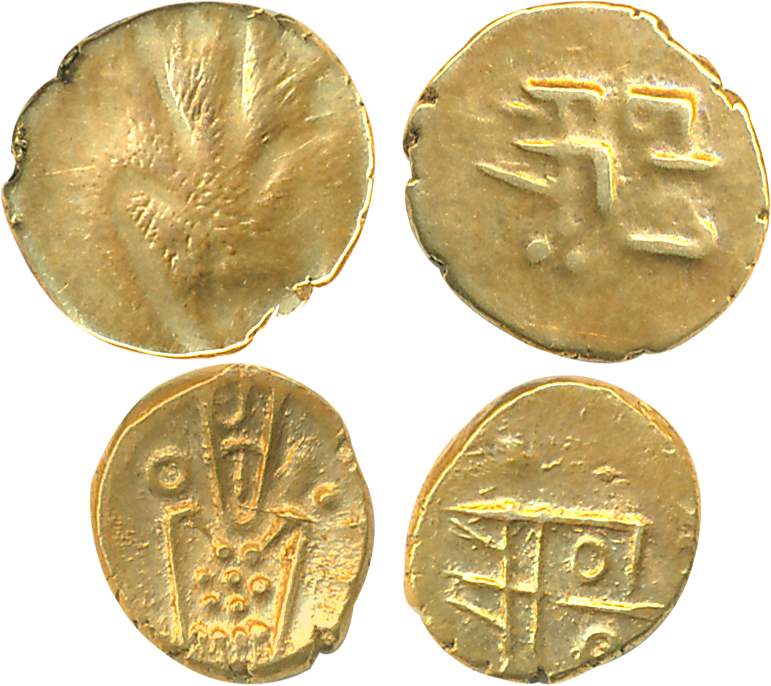Gold Fanams (2), 0.39g, 0.34g, Obv: Degenerated figure of Goddess Kali, Rev: Devnagari leg