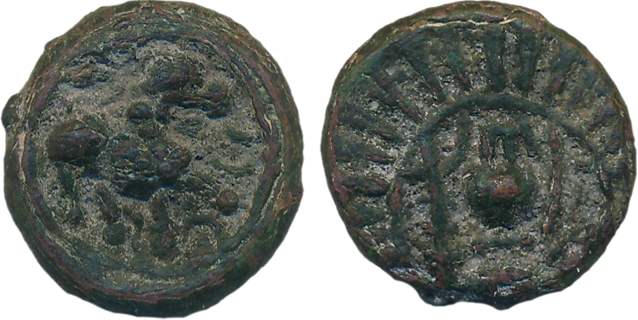 Vishnukudin, Copper, 7.75g, Obv: Lion standing to right, Rev: Conch flanked with lamp-post