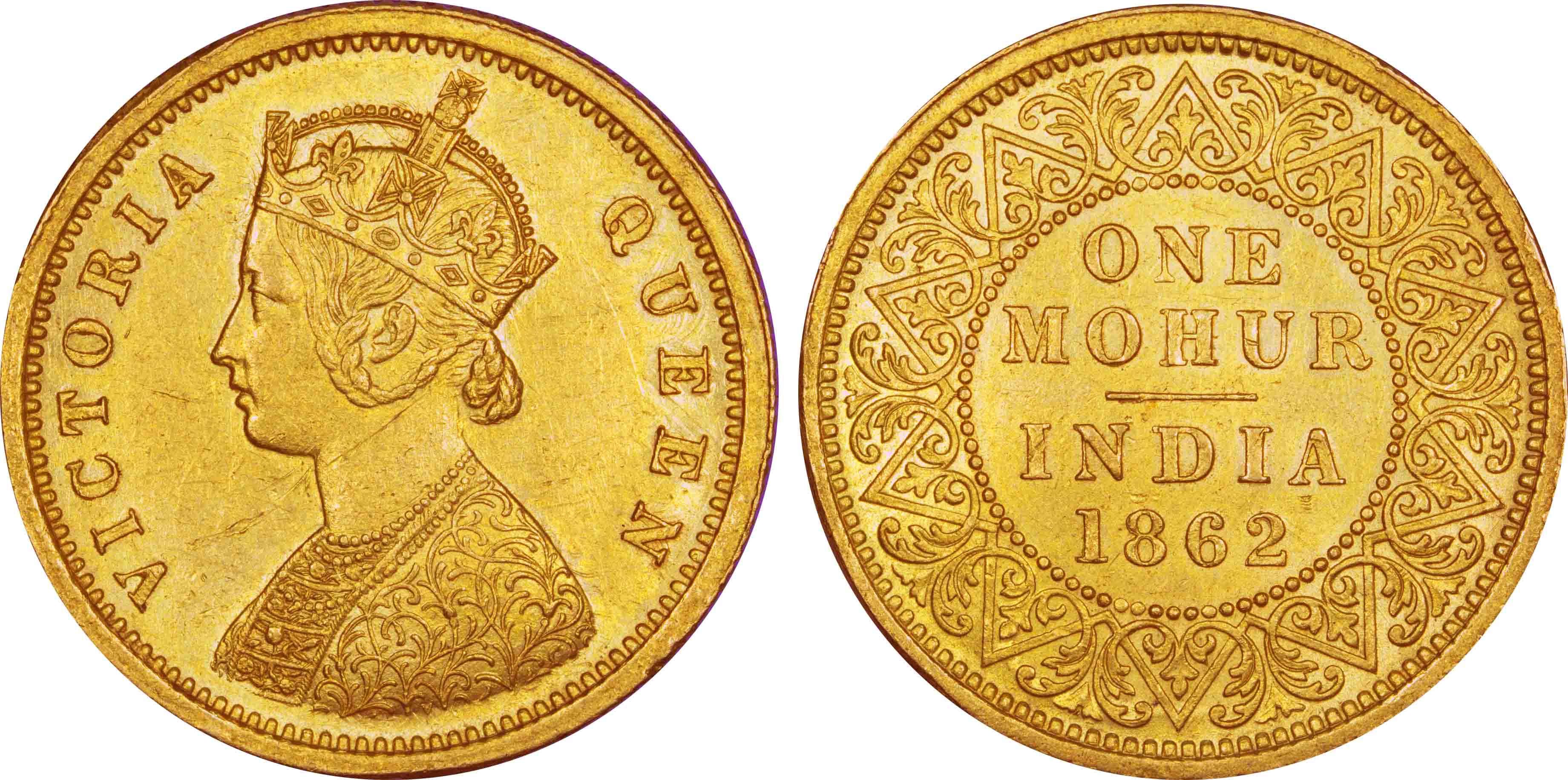 Victoria Queen, Gold Mohur, 11.60g, 1862, 2 Flowers in bottom panel, V in relief (Prid# 6)