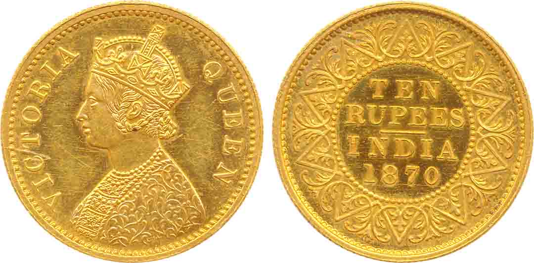 Victoria Queen, Proof Gold 10 Rupees, 1870, Young Bust, C. M incused in the centre of the 