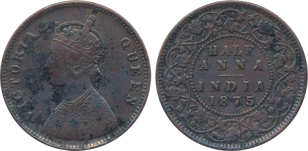 Victoria Queen, Copper 1/2 Anna, 1875. Cleaned, very fine, rare.