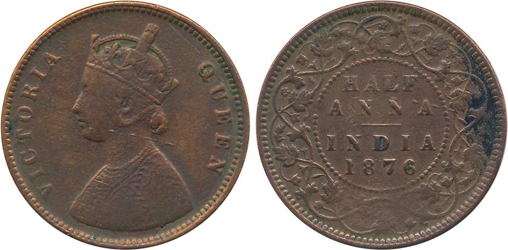 Victoria Queen, Copper 1/2 Anna, 1876. Very fine.