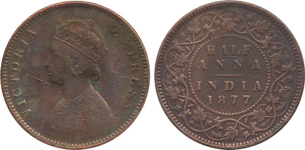 Victoria Empress, Copper 1/2 Anna, 1877. Very fine.