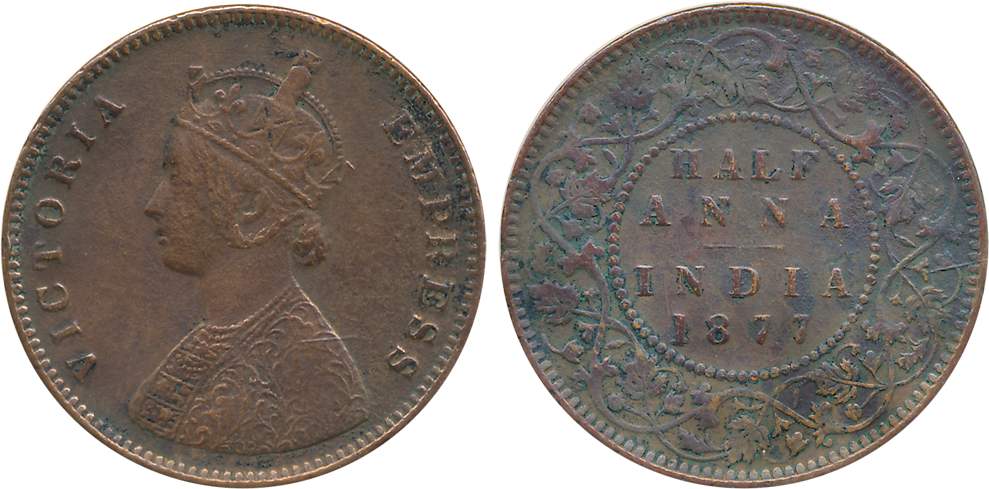 Victoria Empress, Copper 1/2 Anna, 1877. Very fine+.