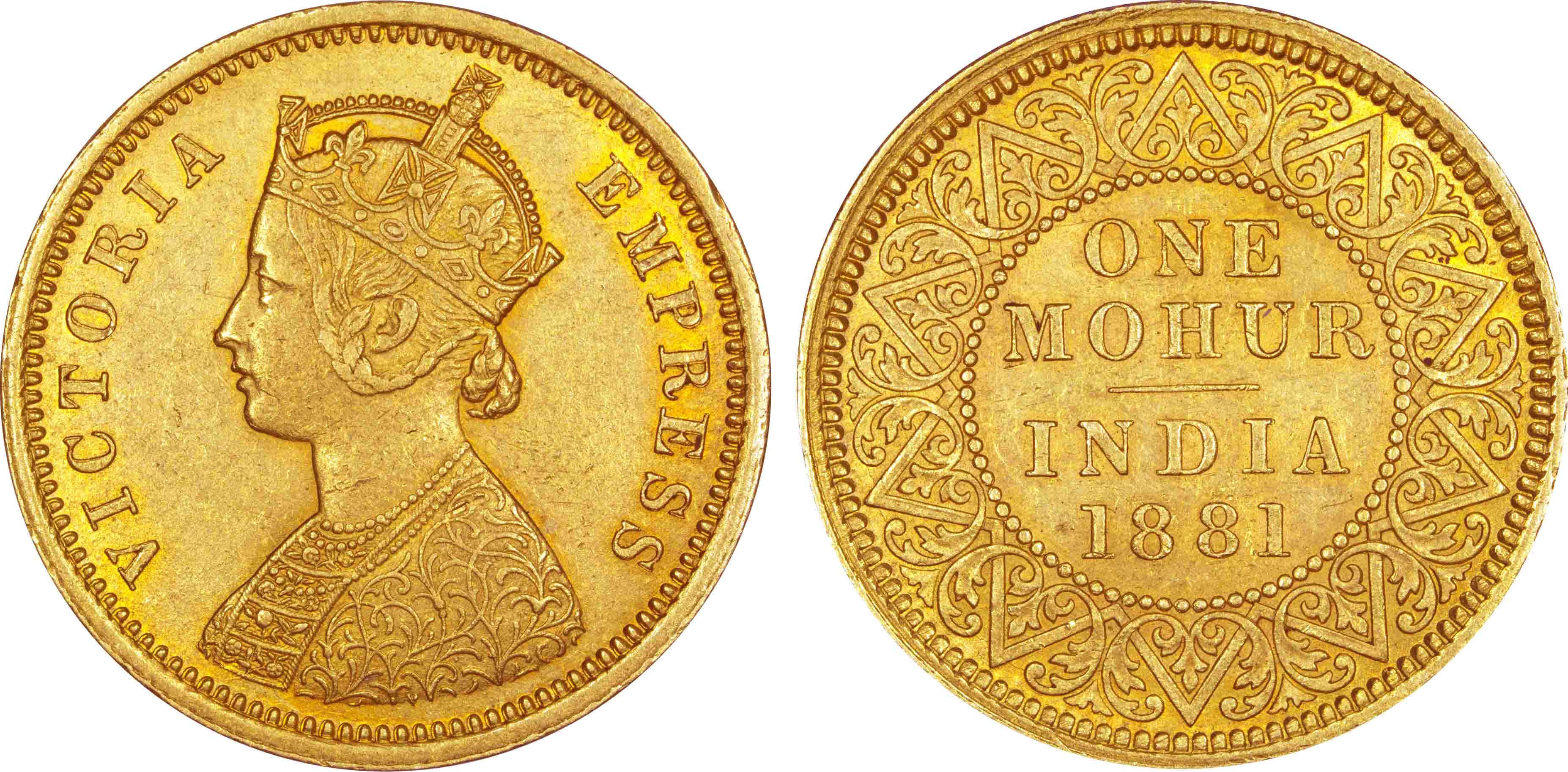 Victoria Empress, Gold Mohur, 11.60g, 1881, V in relief (Prid# 18). Complete details of ha