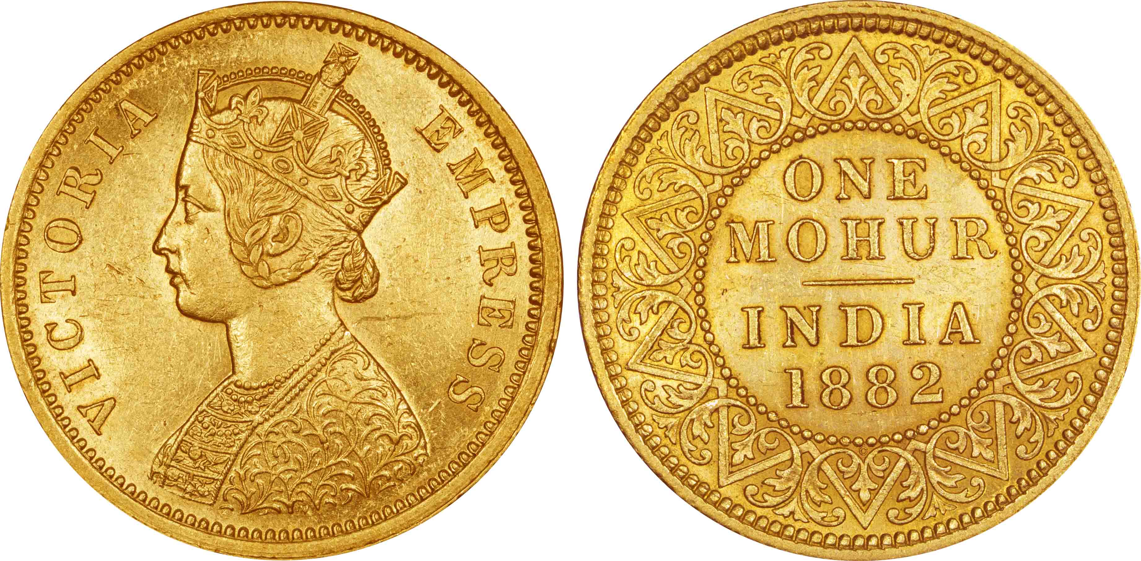Victoria Empress, Gold Mohur, 11.60g, 1882, C incused, V in relief (Prid# 19). Extremely f
