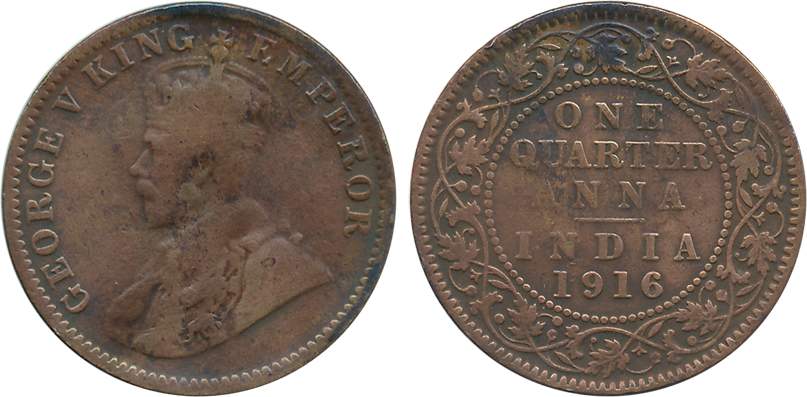 George V, Copper 1/4 Anna, 1916. Very fine.