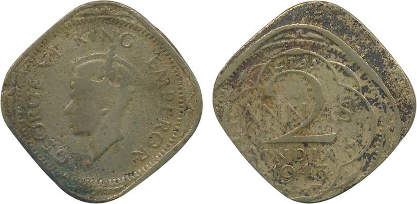 George VI, Nickel Brass, 2 Annas, “Error- Die shifting”, 1943, Bombay Mint. Fine, rare.