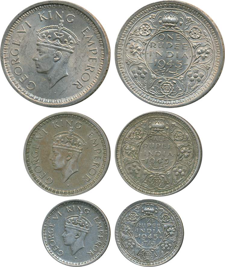 George VI, Silver Rupee, 1/2 & 1/4 Rupee, 1945, Lahore Mint. Very fine.