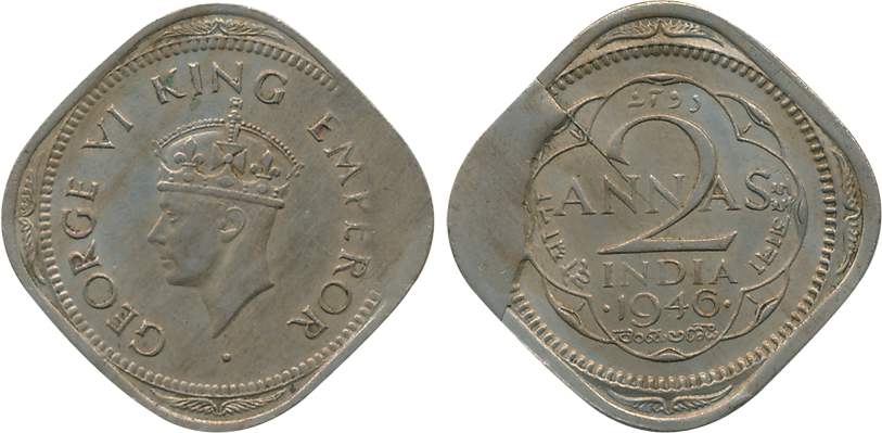 George VI, Coupro Nickel, 2 Annas, “Error- Extra Metal”, 1946, Bombay Mint. Very fine, rar
