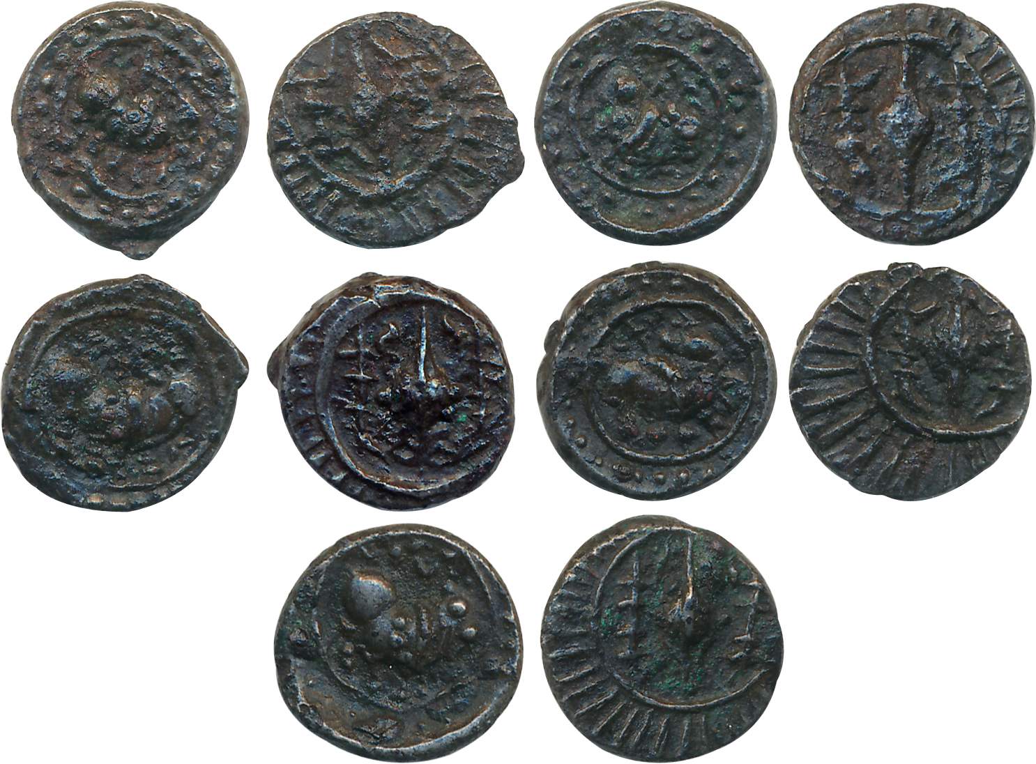 Andhra region, “Vishnukudin” type, Copper Alloy (5), Obv: Bull to right within circle, Rev