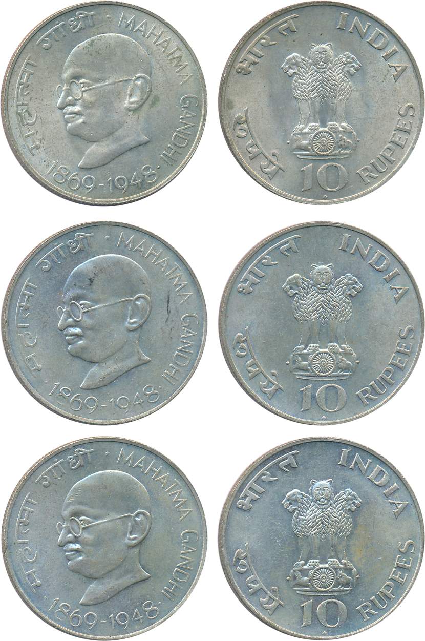 1969, Uncirculated, Silver Rupees 10 (3), “Gandhi Centenary”, Bombay Mint (KM# 185). 3 coi