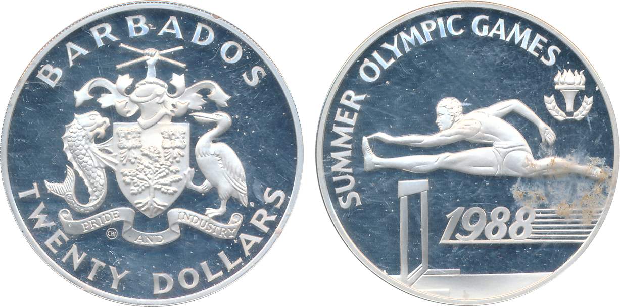 Barbados, Silver Proof, 20 Dollars, “Summer Olympics”, 1988, Obv: National arms, Rev: Men 