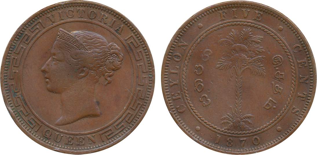 Ceylon, Victoria, Copper, 5 Cents, 1870, Obv: Young bust of Victoria Queen to left, Rev: P
