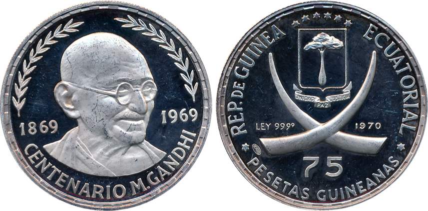 Equatorial Guinea, Silver Proof 75 Pesetas, 1970, “Centennial Birth of Mahatma Gandhi”, Ob