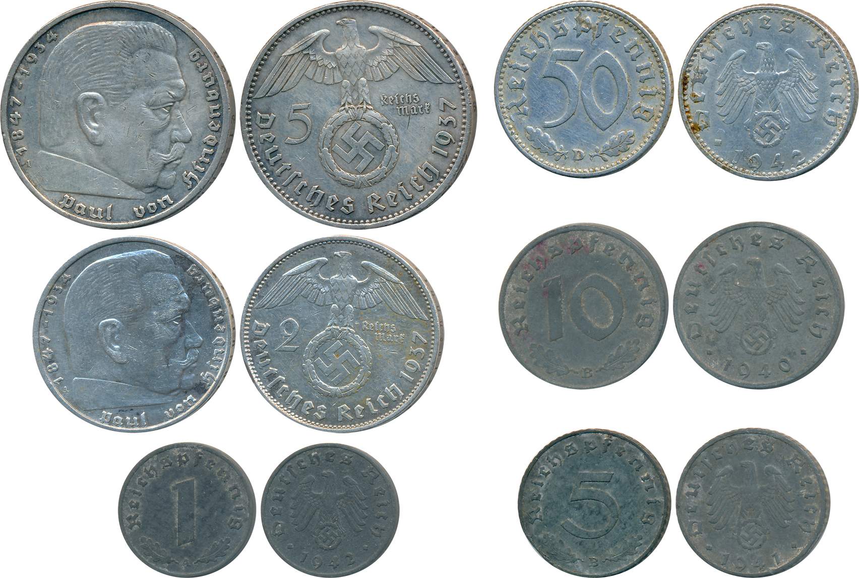 Germany, Third Reich, Silver (2), Aluminium (1) & Zinc (3), 5 & 2 Silver Reichsmark (KM# 9