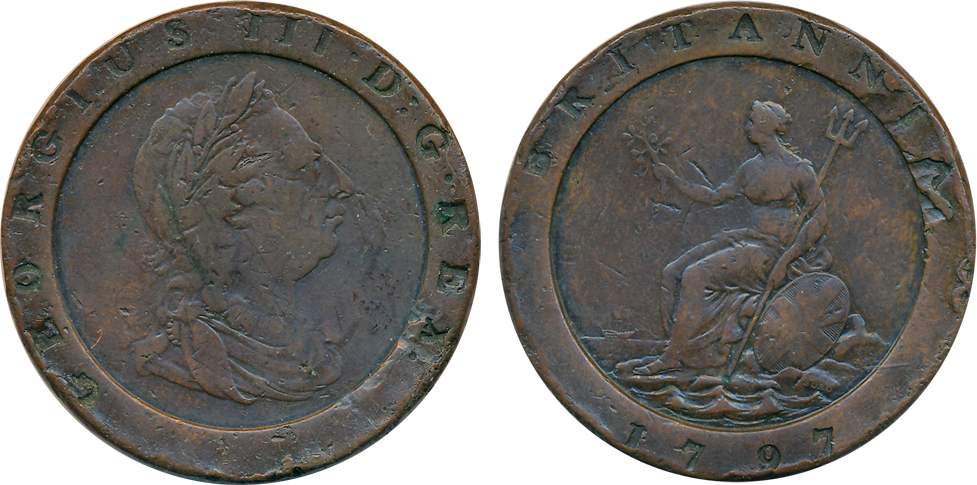Great Britain, George III, Copper Cartwheel 2 Pence, 1797, Obv: Laureate bust to right, Re