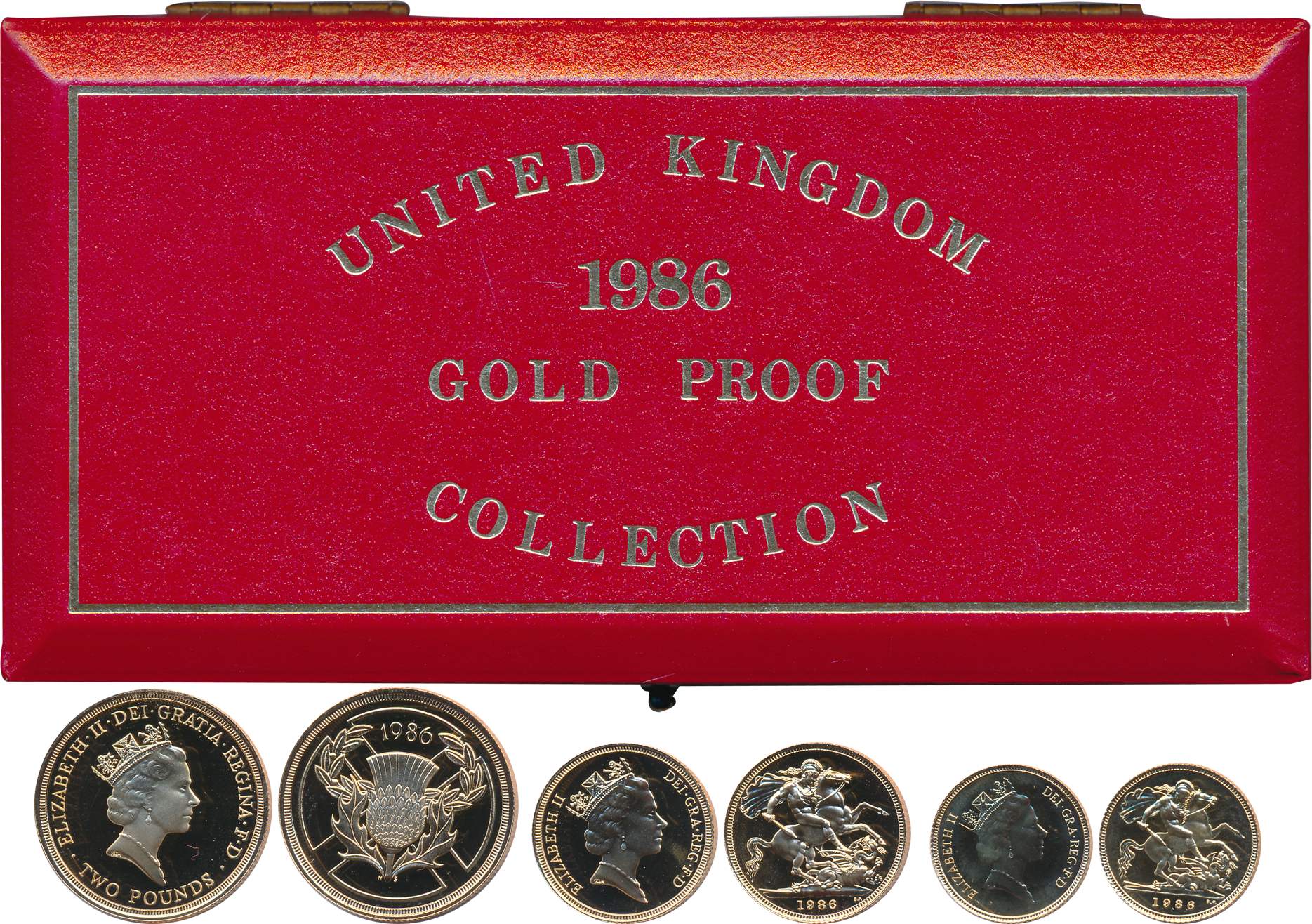 Great Britain, Gold (3), Proof Set of 2, 1 & 1/2 Souvrign, 1986. In original wooden box wi