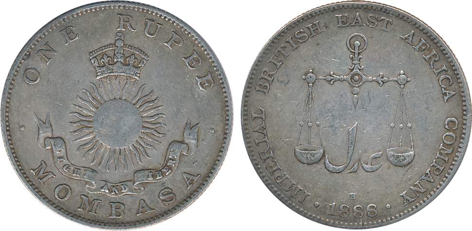 Mombasa, Imperial British East Africa Company, Silver, Rupee, 1888 H, Obv: Persain Adal an