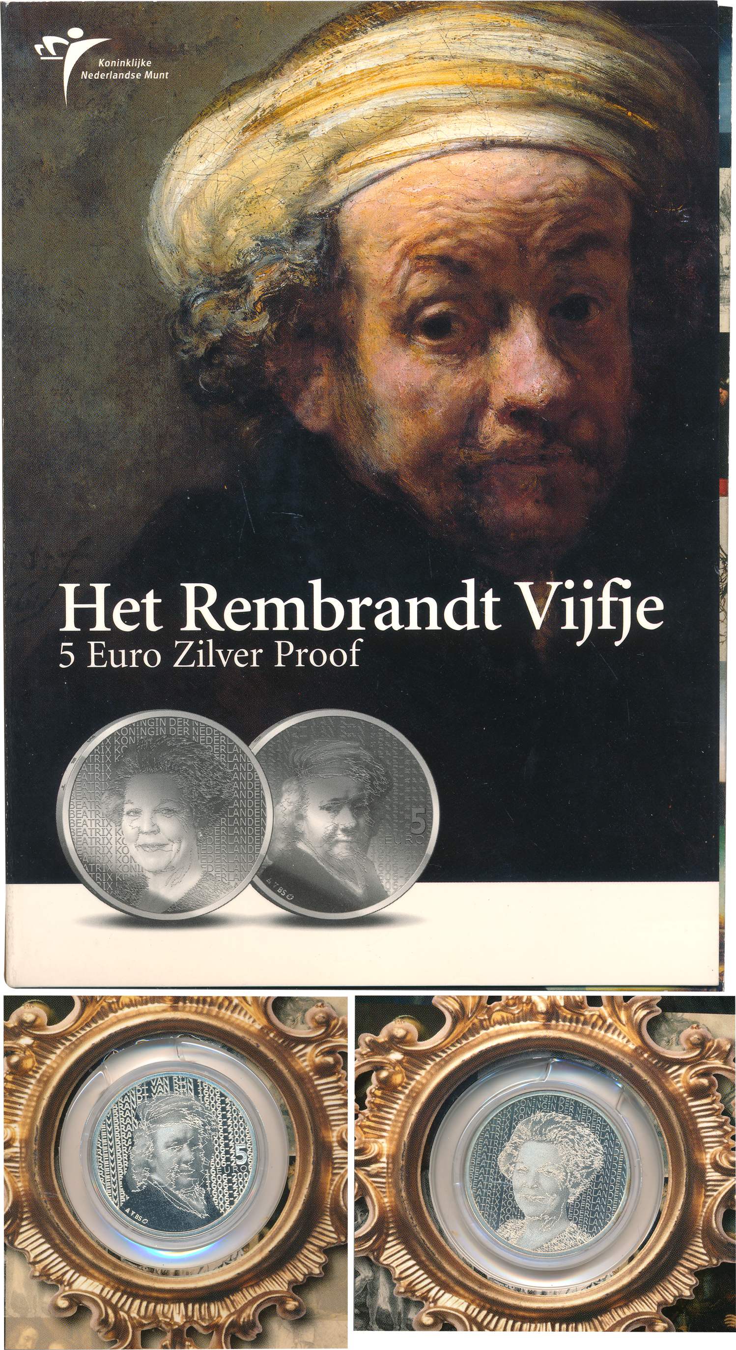 Nedtherlands, Beatrix, Silver Proof 5 Euro, “Renbrandt” Obv: Portrait of Queen Beatrix, Re
