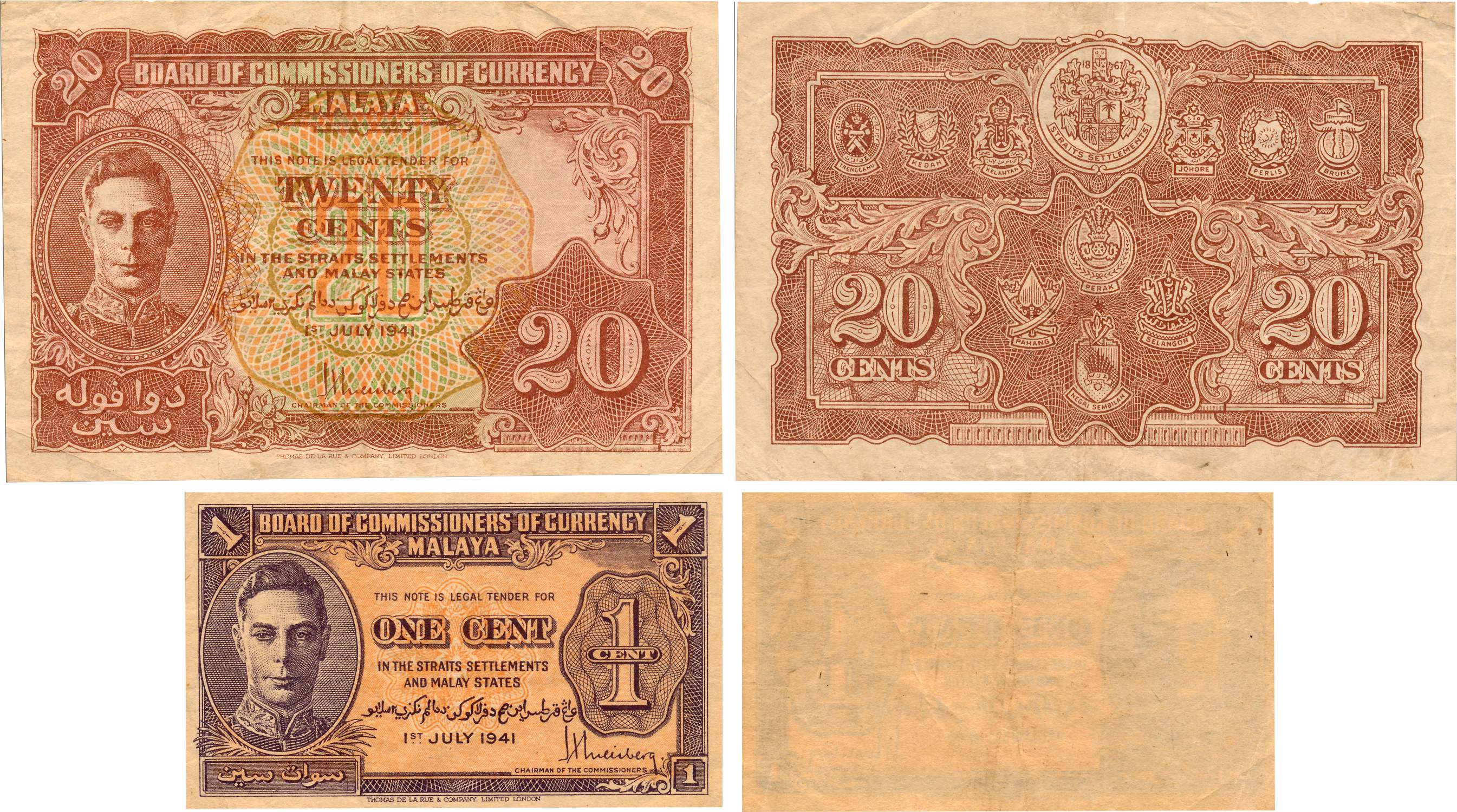 Malaya, George VI, 20 Cents & 1 Cent, 1941. Very fine+. 2 notes.