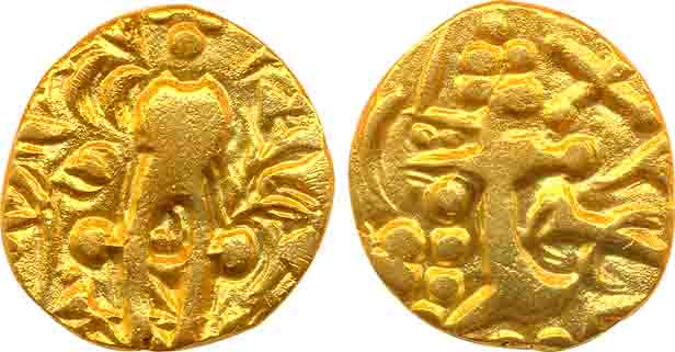 Karkotakas of Kashmir, Pratapaditya II, Base Gold Dinar, 7.25g, Obv: Seated Goddess with l