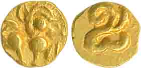 Kadambas of Goa, Gold 1/4 Fanam, 0.09g, Obv: Lion standing to right, Rev: Kanada letter. V