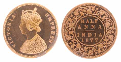 Victoria Empress, Copper, ½ Anna, 1877, Proof. A small discoloring on the bottom-right edg