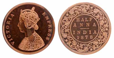 Victoria Empress, Copper, ½ Anna, 1878, Proof. A small discoloring in the centre and on th