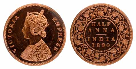 Victoria Empress, Copper, ½ Anna, 1890, Proof. A small discoloring on the right edge on ob
