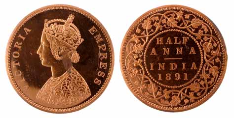 Victoria Empress, Copper, ½ Anna, 1891, Proof. A small discoloring in the centre on obv wi