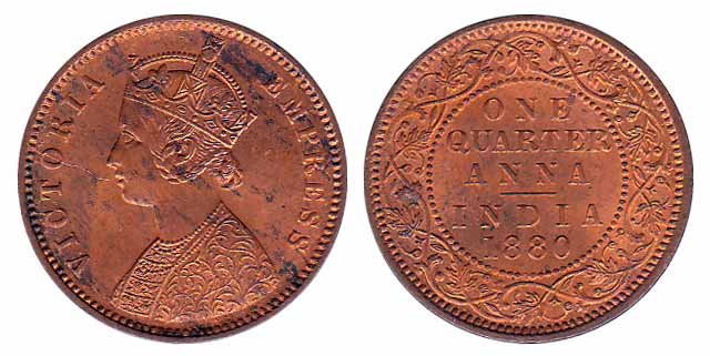 Victoria Empress, Copper, ¼ Anna, 1880, Calcutta Mint. UNC. Rare.