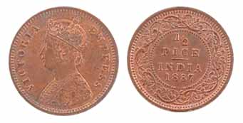 Victoria Empress, Copper (2), ½ Pice, 1886 and 1887. Calcutta Mint. UNC, Scarce. 2 coins