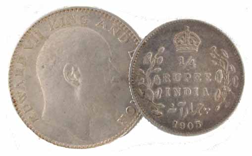 Edward VII, ½ Rupee, 1907, Bombay Mint; ¼ Rupee, 1905, and ½ Pice, 1910. Fine+ to Very Fin