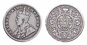 George V, Silver, ¼ Rupee, 1911, Calcutta Mint. Very Fine, Very Rare.