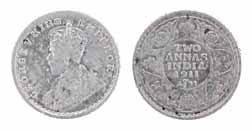 George V, Silver, 2 Annas, 1911, Calcutta Mint, Very Fine+, Scarce.