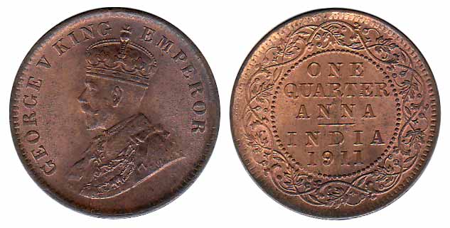 George V, Copper, ¼ Anna, 1911, Calcutta Mint. UNC. Rare.