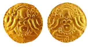 Kalachuris of Tripuri, Gangeyadeva, Base Gold (5), unit, seated; Lakshmi on obv, Nagari le