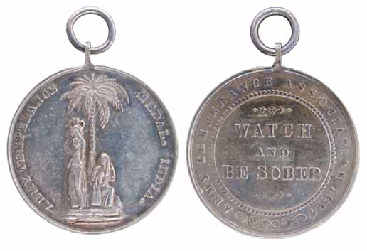 Army Temperance Medal, Silver, a woman carrying a pot to left under a palm tree while anot